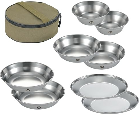 CAMPINGMOON Camping Tableware Set Stainless Steel Camping Plates Bowl Stackable Outdoor Dinnerware Canvas Carry Case Camping Hiking Picnic (8, Silver)