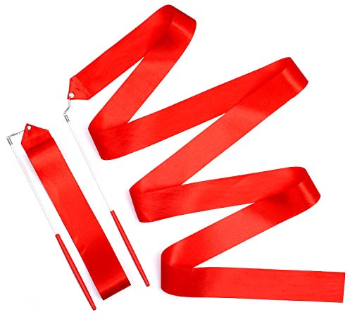 2 Stück Tanzbänder, 2 m Langes Wirbelndes Tanzband Gymnastikband mit Stab Dance Ribbons für Kinder Künstlerisches Tanzen Training Party, mit Band-Tänzerstab (Rot)