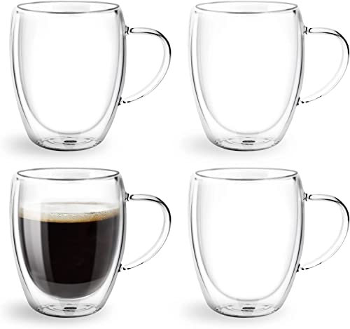 Nuscen Set of 4 Double Walled Glass Coffee Mugs,350ml Heat Resistant Espresso Cups for Cappuccino, Macchiato, Tea, Milk, Juice, Latte, Premium Borosilicate Material for a Perfect Sip Every Time
