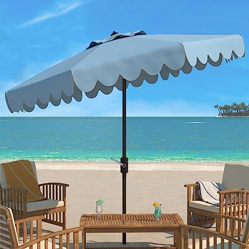 SAFAVIEH 9ft Outdoor Patio Umbrella, Round, Venice Collection, Baby Blue & White Trim, Crank, Button Tilt, UV Resistant for Deck, Backyard, Poolside (PAT8010U)