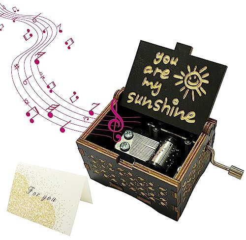 TAFACE 1 snidad musiklåda med 1 gratulationskort, speldosa i trä, handvev musiklåda, dekoration, alla hjärtans dag, jul, födelsedagspresent (svart)