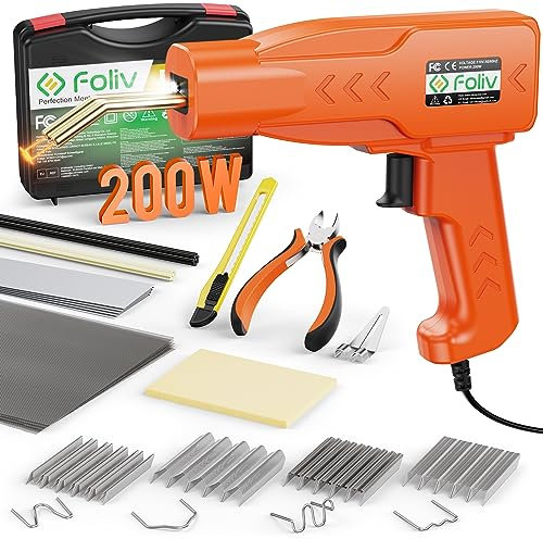 Foliv 200W Kunststoff Schweißgerät, Kunstoffschweißgerät Set, 2-in-1 Schweißen Maschine Auto Stoßstangen Reparatur Set mit 1000PCS Schweißnägel, 16 Kunststoffschweißstäbe&Schleifpapier, Zangen,Messern