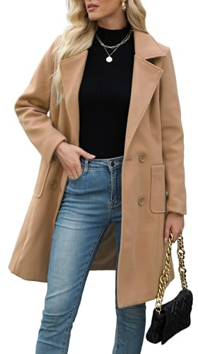 Bankeng Women Winter Wool Blend Camel Mid-Long Coat Notch Double-Breasted Lapel Jacket Outwear (L,Khaki)