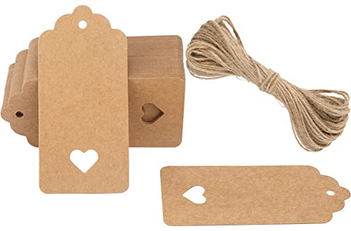 G2PLUS Brown Gift Tags with Heart: 50PCS Blank Paper Tags with String, 4.5cm x 9.5cm Large Gift Labels for Wedding Favors, Presents, 300g/m²