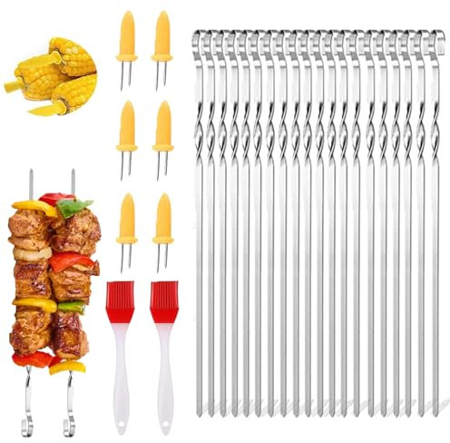 20 Pezzi Spiedini In Acciaio Inossidabile,Spiedini in Acciaio Inox,Spiedini Per Barbecue Riutilizzabili,Viene fornito con 2 spazzole e 6 pannocchie di mais,Per Shish Kebab Verdure Pane