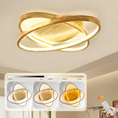 YYUTLUO LED Taklampa, Taklampa I Trä, 2 Ringar Runda Ø52cm / 50W, Dimbar Med Fjärrkontroll, Modern Dekorativ Vardagsrumslampa, Sovrums Tunn Oval Lampa, Takljus I Akrylträ