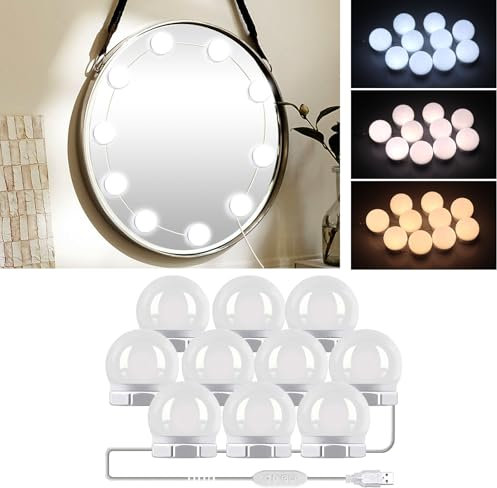 Hollywood Mirror Lights with USB Cable - 3 Colours Changing & 10 Levels Brightness, Stick on Vanity Mirror, Make up Light for Dressing Table