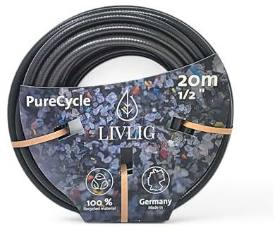 LIVLIG Gartenschlauch 20m, Gartenschlauch 1/2 Zoll Made in Germany, Wasserschlauch 20m aus 100% Recyclingmaterial, Schwarz, PureCycle