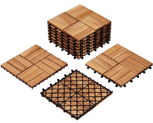 Yaheetech Holzfliesen Akazie 30x30 cm, 10er Set-0,96 m² Leicht Verlegbar Terrassenfliesen Balkonfliesen Klicksystem, Wetterfest Bodenfliesen Gartenfliesen für Terrasse, Balkon & Garten, Holzfarbe