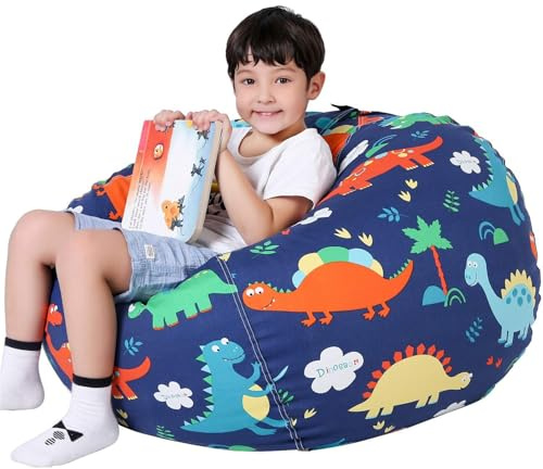 Bag Toy Storage (No Filling), Bean Bag Seat Cushion, Fillable Toy Organiser & Soft Folding Seat, Unstuffed Plush Cover for Kids Playroom & Bedroom (Cartoon Dinosaur, 18IN)