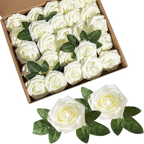 Coztie 25 PCS Artificial Flowers Roses, Foam Roses with Stems, Foam Latex Rose Fake Flowers for Wedding Bridal Bouquets Centerpieces Arrangement Party Home Decorations Milk White