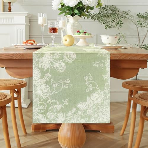 Runner da Tavolo Verde Salvia Fiore Runner Tavola Decorativo per Esterni Tovaglie da Tavola Lavabile Decorazione Primaverili Estate per Tavolo da Pranzo per Sala da Pranzo Feste Cucina 33X183cm