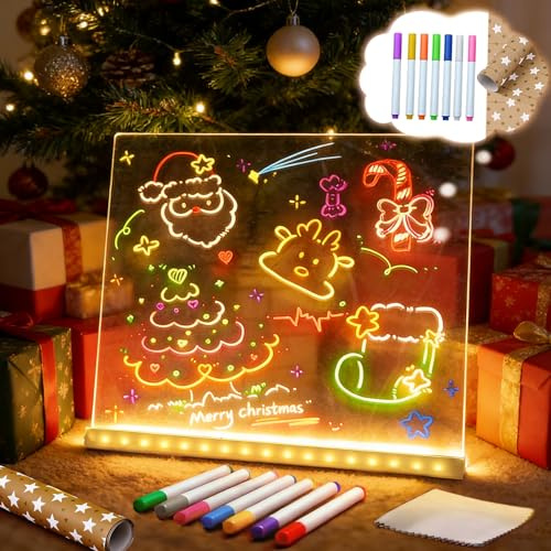 LED-anteckningstavla med 7 färger penna LED-upplyst skrivandetavla akrylritning torr raderings bräda, 15 x 15 cm upplyst klotter skrivbordsanteckning glödande orddyna med stativ för barn, skola, café,