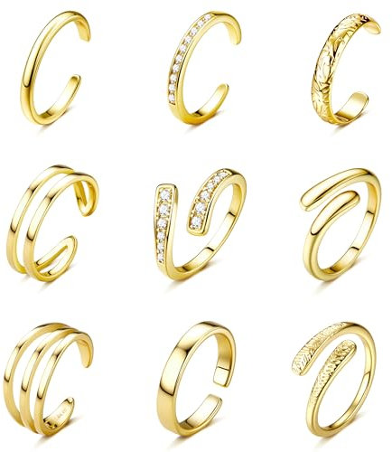 FIOROYAL 9 Stück Zehenring Set für Damen Mädchen Verstellbar 14K Vergoldet Zehenring Gold Silber CZ Triple Band Hug Offene Zehenringe Sommer Strand Fußschmuck G1