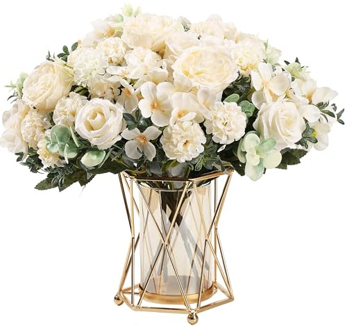 HNVNER 4 Piezas Flores Artificiales de Seda Flor Falsas en Interiores, Ramo de Peonías Hortensias Artificiales para Ramo de Novia, Decoración del Hogar, Boda o Fiesta (Blanco)
