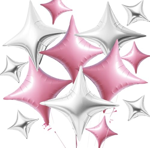 DecoGlee 30 st 66 tum och 10 tum stjärnballonger rosa och silver, fyrspetsig form folie ministjärna, mylar-ballonger för födelsedag, bröllop, babyshower, årsdag, förlovning, festdekor, tillbehör