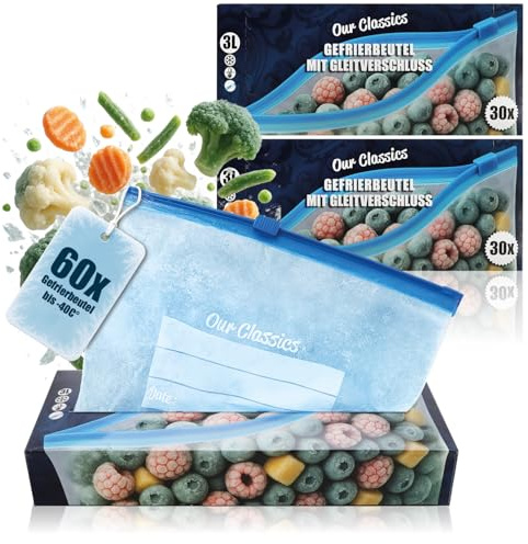 com-four® 60x Sacs congélation 3L avec fermeture – Pochettes réutilisables pour conservation des aliments – Sachets polyvalents pour fraîcheur & arômes jusqu’à -40°C (3 L - 60 pièces)