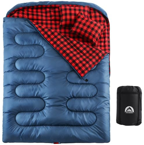 SWTMERRY Saco de dormir doble para camping para adultos, saco de dormir para 2 personas, 230 x 160 cm, saco de dormir con manta con 2 cojines para familia al aire libre, senderismo, viajes (azul