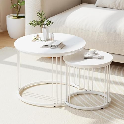 Huhote Couchtisch Rund, Satztisch 2er Set, Wohnzimmertisch, Couchtisch aus Holz, Beistelltisch Set, Sofatisch für Wohnzimmer, Schlafzimmer, Büro, Balkon, weiß