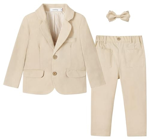 Volunboy Baby Boys Suit 2-Piece Formal Tuxedo Set Toddler Blazer & Pants Wedding Ring Bearer Outfit(Tag Size 90,18-24 Months,Light Khaki)