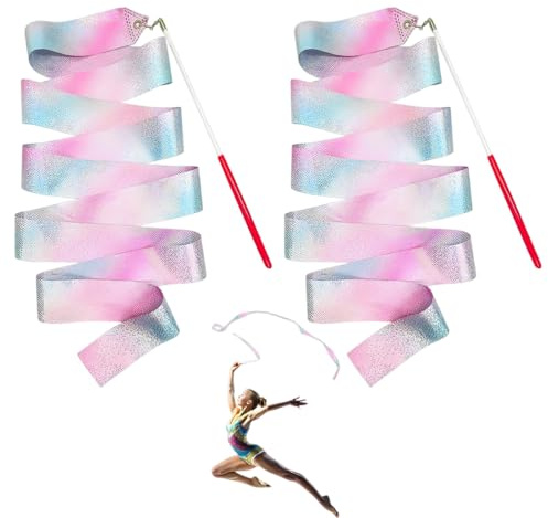 2 nastri per danza ritmica, 200 cm, per ginnastica, bacchetta per ballerina, per bambini, per danza artistica, spettacoli di carnevale e circo, bacchetta per twirling(Rosa)