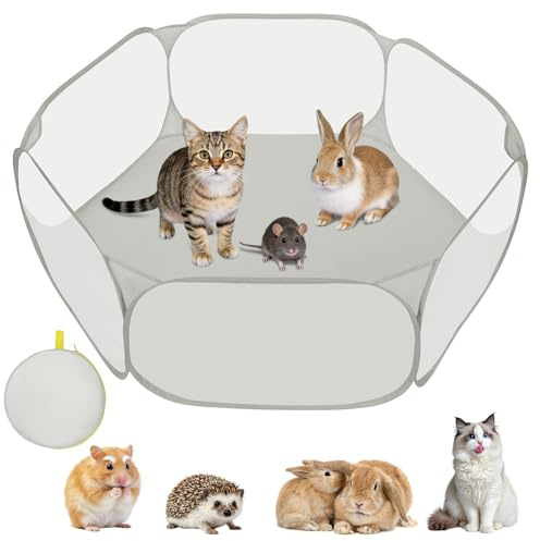 Aomig Små djur husdjur lekhage vikbar husdjursbur tält pop-up träningsstaket transparent djur lekhage andningsbart träningsstaket hexagonal lekhage för marsvin kaniner hamster chinchillor (grå)