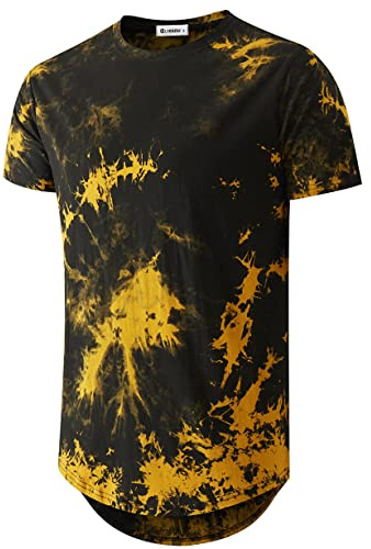 Mens Hip Hop Tie-Dyed Hipster Curve Hem T Shirt (Large, Yellow 2)
