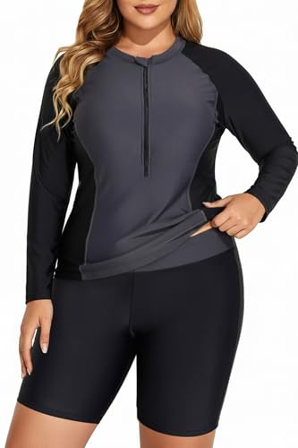 Daci Women Plus Size Long Sleeve Rash Guard Zip Front Athletic Tankini 2 Piece Swimsuits UPF 50 - grey - X-Large