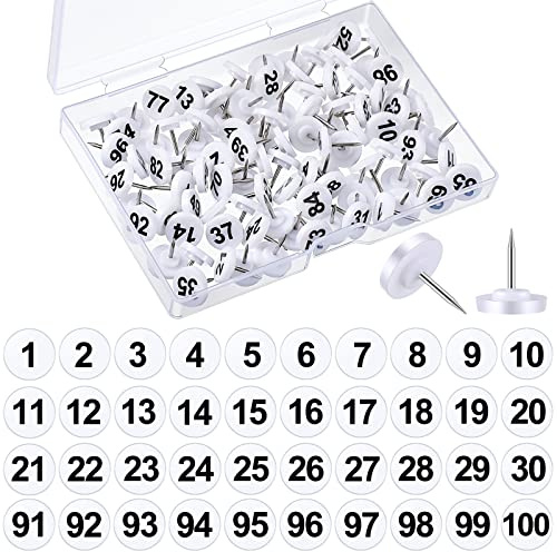 Teling 100 Pcs Numbered Push Pins 1-100 Sequential Thumb Tacks Flat Tacks Push Pins with Numbers Small Size Thumbtacks for Maps, Presentations, Photo, Poster(White)