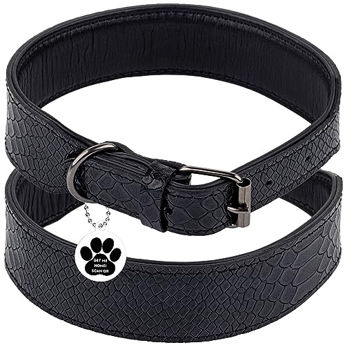 FAVPET Hundhalsband av läder – äkta läderhalsband hund med QR-kod ID-etikett – klassiska hundhalsband – brett hundhalsband av äkta läder – halsband hundläder (S, svart)