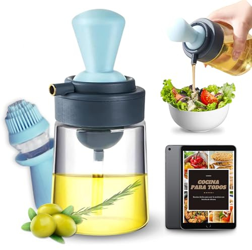 CAVECA Aceitera Dispensador de Aceite con Brocha Silicona + Regalo, AHORRA ACEITE con Aceitera Cristal 350ml, Dosificador 3 en 1, Aceitero con Dispensador Aceite, Difusor de Aceite para Cocina.