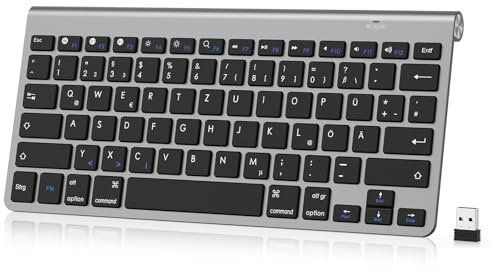 PINKCAT Tastatur Kabellos, 2,4 G USB Dual Deutsches QWERTZ Layout Kompakte Mini Kabellose Bluetooth Tastatur mit Multimedia-Tasten, Keyboard PC, Kompatibel mit Notebook, Laptop, PC, Windows (Grau)