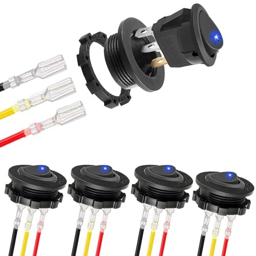 RUNCCI-YUN 5Pcs DC 12V 20A Runde Wippschalter kippschalter,EIN-AUS SPST 3 Polig Wasserdicht kippschalter 12v beleuchtet LED Taste schalter mit Schalterhalterung und Anschlussdrähten (Blau)