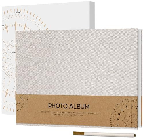Vienrose Self Adhesive Photo Album for 4 x 6 Picture, Linen Cover Scrapbook Album 40 White Pages DIY Photo Book with a Ballpoint Pen for Wedding, Birthday, 21.5 x 30 cm，Beige