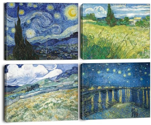 BINCUE 4PCS Vincent Van Gogh Deko Sternennacht Wandkunst auf Leinwand Ölgemälde Wandbild Abstrakte Landschaft Bilder für Wohnzimmer Blau Impressionismus Wanddeko Weizenfeld mit Zypressen 25x20CM