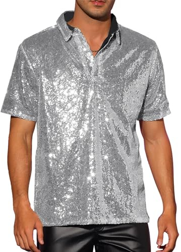 Acrawnni Men Sparkle Sequins Shirt Vintage Summer 1/4 Sparkle Button Short Sleeve Disco Tops 70s Party Club Novelty Shiny Shirt Rave Tops (A-Silver, XXXL)
