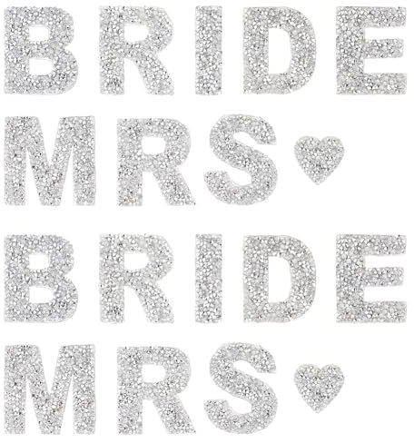 FINGERINSPIRE 18Pcs Patch Strass Lettre de Mariée Patchs Thermocollants en Strass Avec Lettre BRIDE MRS 5.5x5.6cm Appliques de Lettres et de Cœurs à Paillette pour Vêtements Mariage Chapeau Chaussures