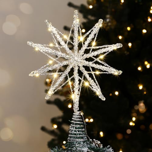 Luxspire Punta per Albero di Natale Stella Luminosa con Telecomando USB, Decorazioni Metallo Trasparente 10, Stelle Natalizie Illuminate, Ornamenti Vintage Moderni per Feste Casa, Argento
