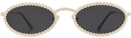 SOJOS Retro Strass Glitzer Polarisierte Oval Sonnenbrille Damen 90er Jahre Styles Bling Disco Trendy Metal Brille mit Breites Gesicht, SJ1205