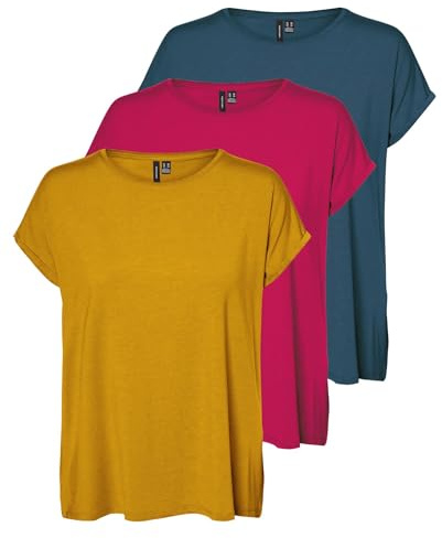 VERO MODA Damen VMAVA Plain SS TOP GA JRS 3-Pack Kurzarm Shirt, Golden Yellow/Bright Rose/Moroccan Blue, XXL