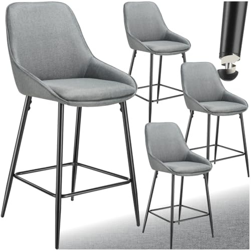 tectake® Taburete Alto con Respaldo, Taburete Cocina con Reposapiés, Silla de Bar Alta, Patas de Acero, Topes Antideslizantes y Regulables, Montaje Rápido, Banqueta - 4 sillas Tejido, Gris/Negro