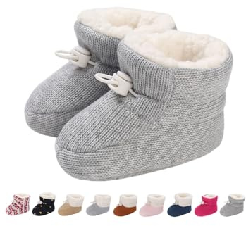 Patucos Bebé Niña Niño Invierno Zapatos Primero Pasos Antideslizante Termicos Forro Botas Recién Nacido Booties de Porteo Algodon Botines Calcetines Zapatillas Casa Blanda Tejido Gris 0-6 Meses