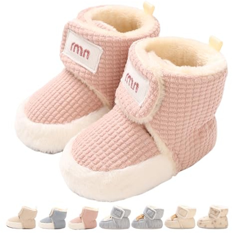 Patucos Bebé Niña Niño Invierno Zapatos Primero Pasos Antideslizante Termicos Forro Botas Recién Nacido Booties de Porteo Algodon Botines Calcetines Zapatillas Casa Blanda Gofre Rosa 12-18 Meses