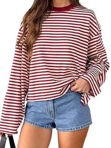 Springcmy Femme Y2k Chemise Rayée à Manches Longues Épaules Tombantes Col Rond Sweat-shirt Automne Hiver Fée Grunge Preppy Pull Hauts Streetwear, A - Rouge, M