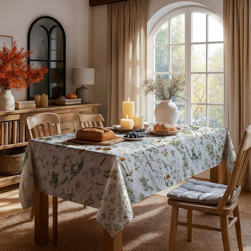 HOMETITUTE Vintage Mushroom Botanical Garden Tablecloth 83 x 60 Inch Rectangular Washable Fabric Table Cover with Wildflower Greenery Forest Print for Kitchen Dining Room Party Decor