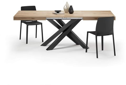 MOBILI FIVER, Table Extensible Emma 140(220) x90 cm, Chêne Clair avec Pieds Croisés Noirs, pour 6-10 Personnes, Table Extensible pour Cuisine, Salon, Made in Italy