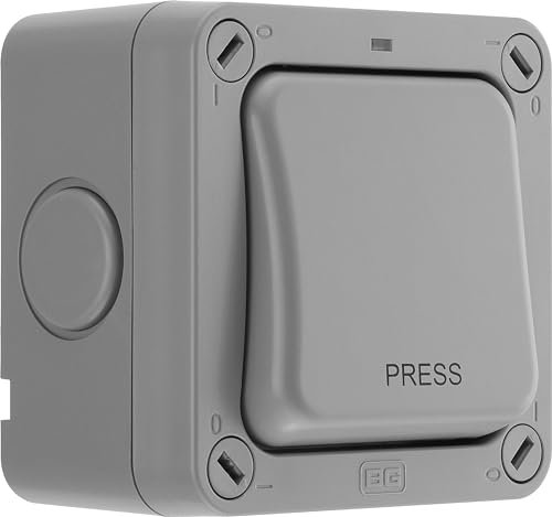 BG Electrical Outdoor Retractive Single Wall Press Switch with LED Indicator, Weatherproof Storm, 2 Way, Grey, 20A, IP66 Rated, WP14