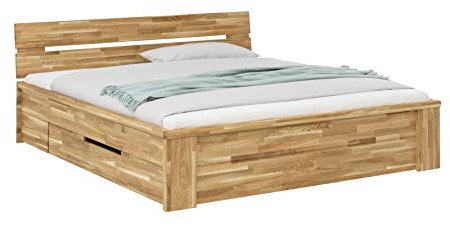 WOODLIVE DESIGN BY NATURE Massivholzbett Cassetta, 160 x 200 cm Stauraumbett aus Wildeiche, massives Holzbett mit Schubladen, hochwertiges Doppelbett mit Komforthöhe, Natur