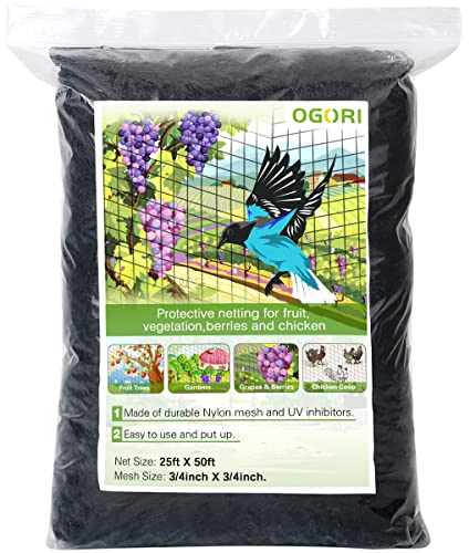 OGORI 25' x 50' Bird Netting Heavy Duty Nylon 3/4 Mesh Garden Netting Protect Fruit Trees, Plants and Vegetables