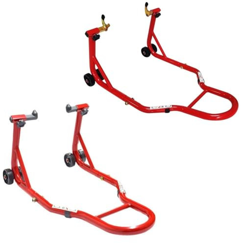 CRUIZER Cavalletto Moto Anteriore con Attacchi a Coni + Cavalletto Posteriore a Forchetta Regolabili con Ruote Sottostanti Barre Rinforzi Laterali Carico Massimo 600 kg